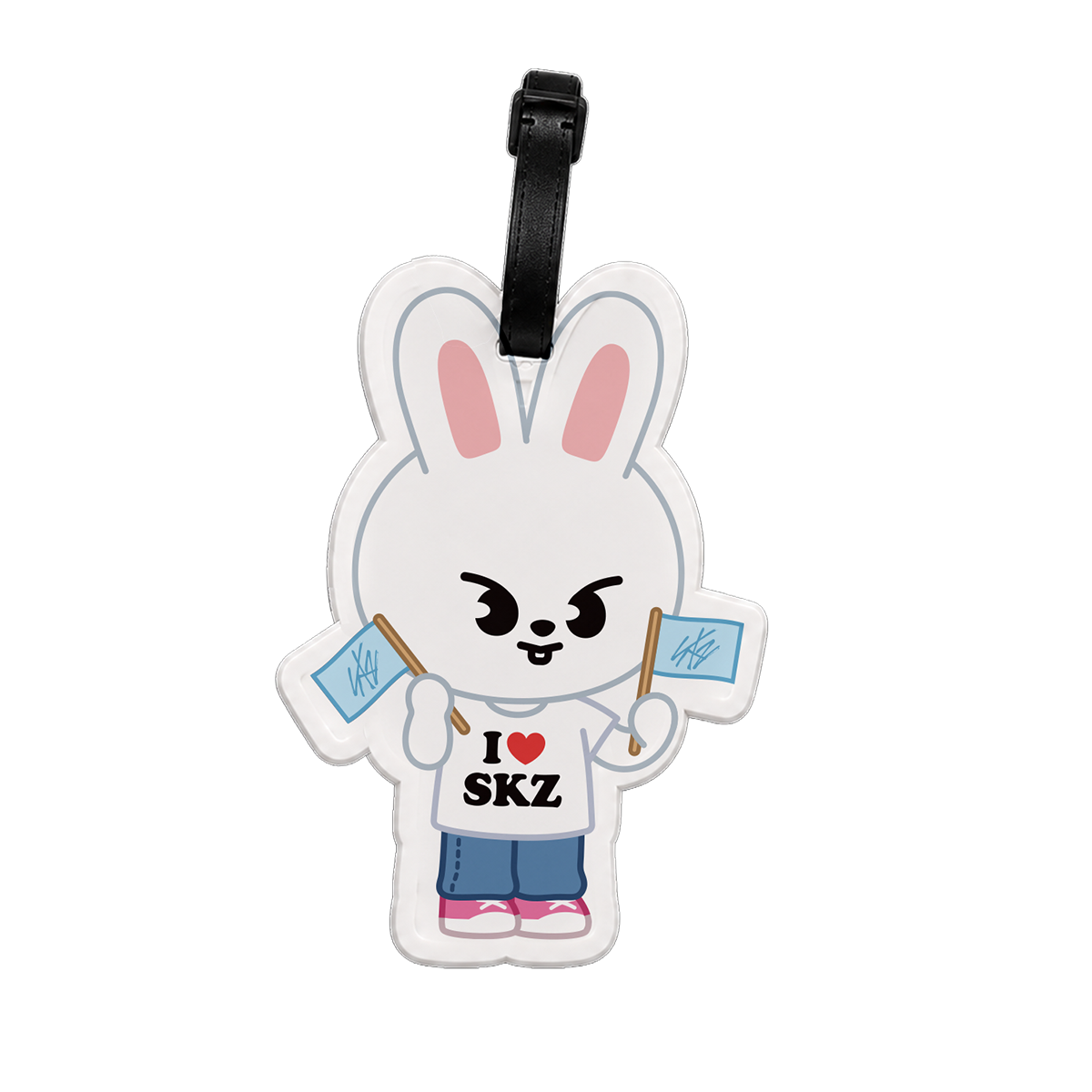 SKZOO Leebit luggage tag with I heart SKZ artwork and strap