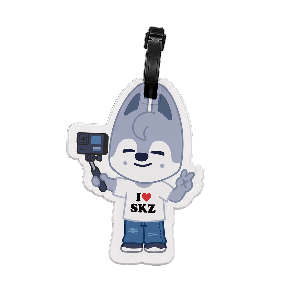 SKZOO Wolf Chan luggage tag with camera detail and secure strap