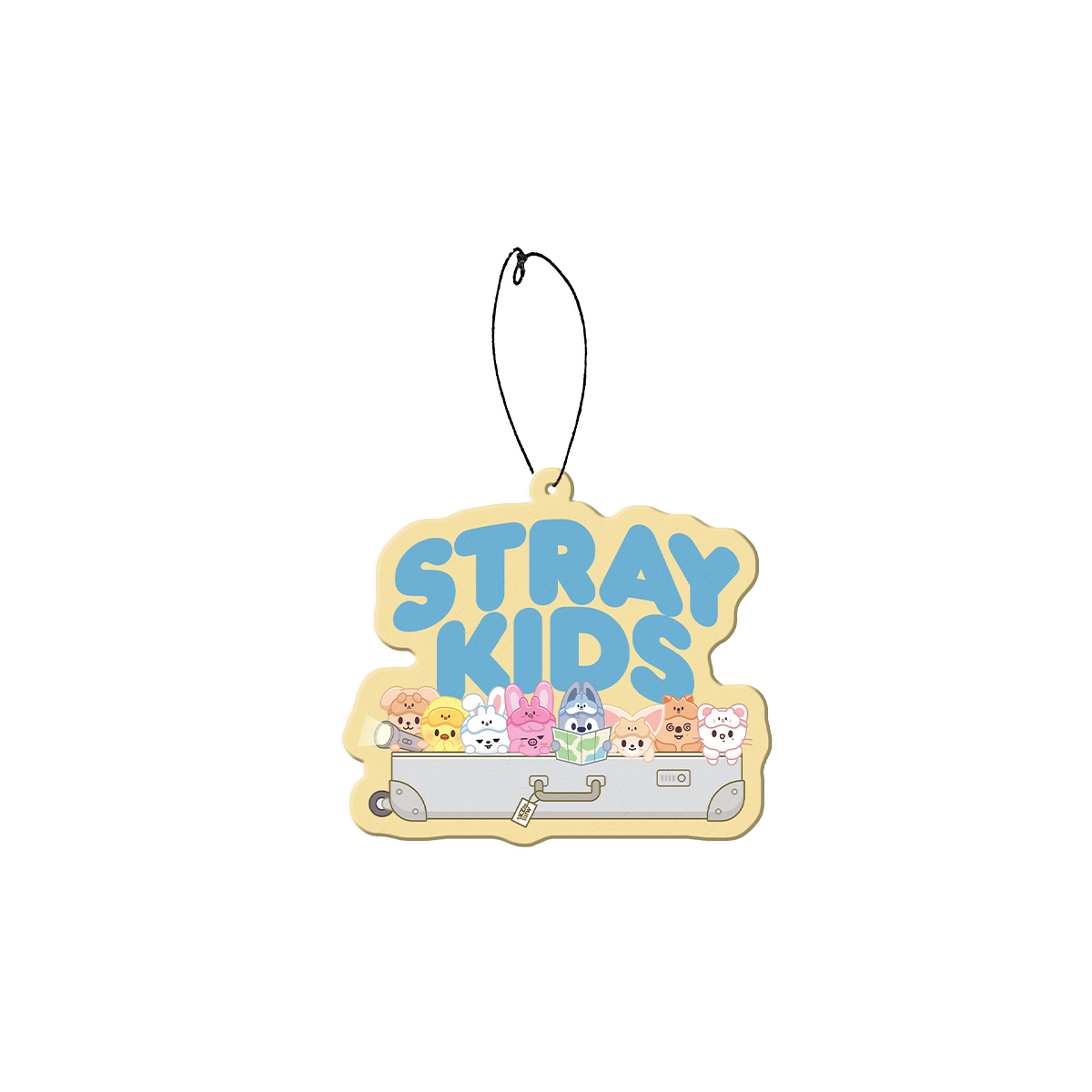 Yellow SKZOO air freshener with character artwork and logo