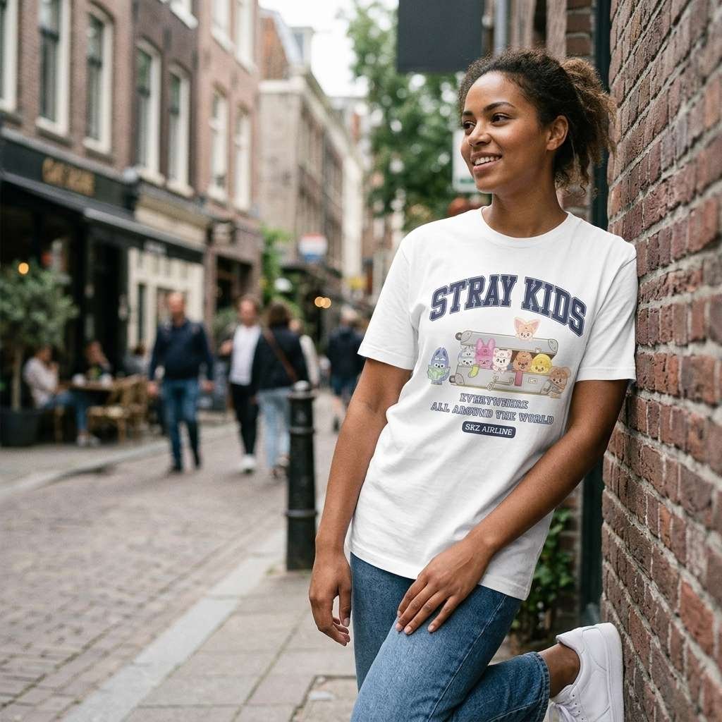 Woman wearing white SKZ Airline graphic t-shirt