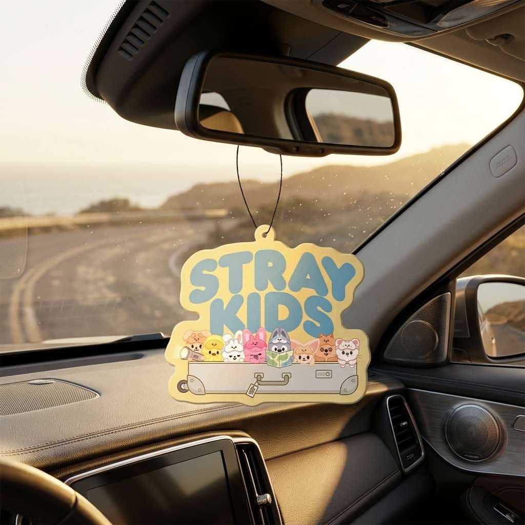 SKZOO yellow air freshener hanging in car