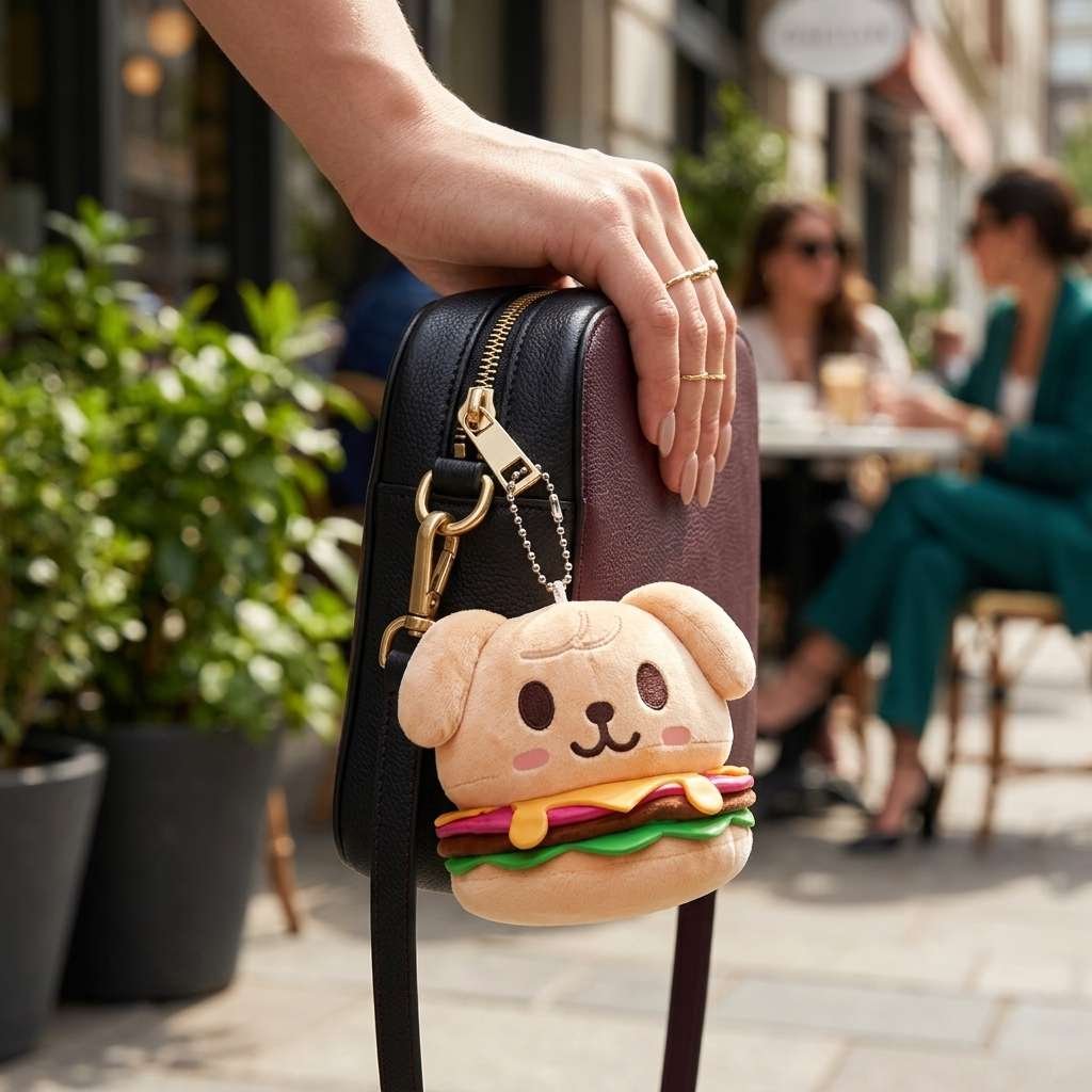 Female hand holding chic purse with SKZOO PuppyM keyring