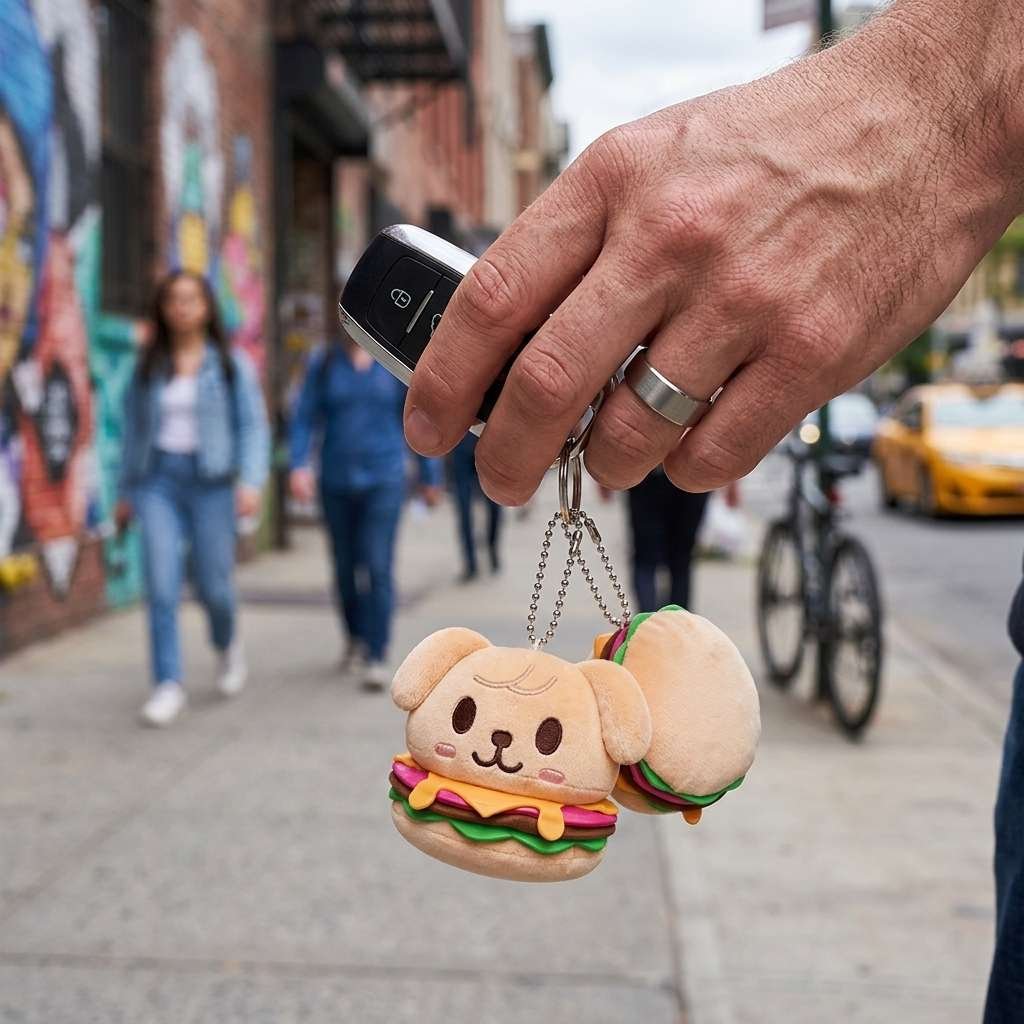 Male hand holding car key fob with SKZOO PuppyM keyring