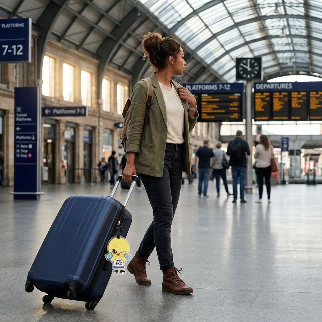 Female traveler in train station with SKZOO Bbokari luggage tag