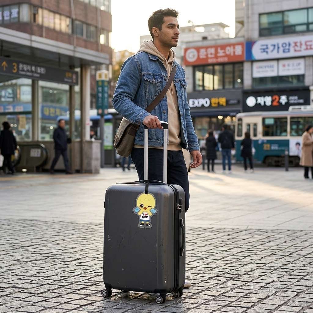 Male traveler in airport with SKZOO Bbokari luggage tag