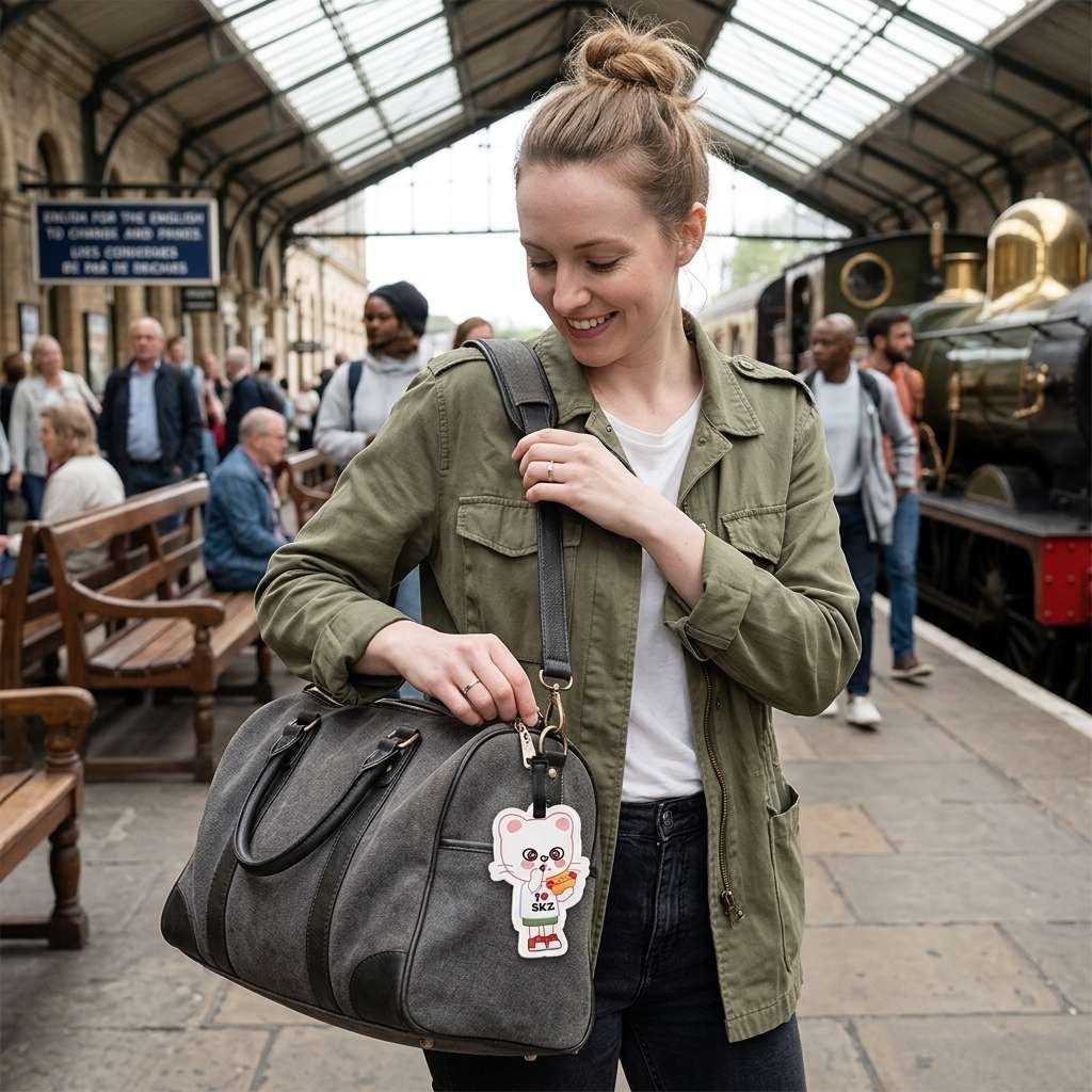 Female traveler in train station with SKZOO Jiniret luggage tag
