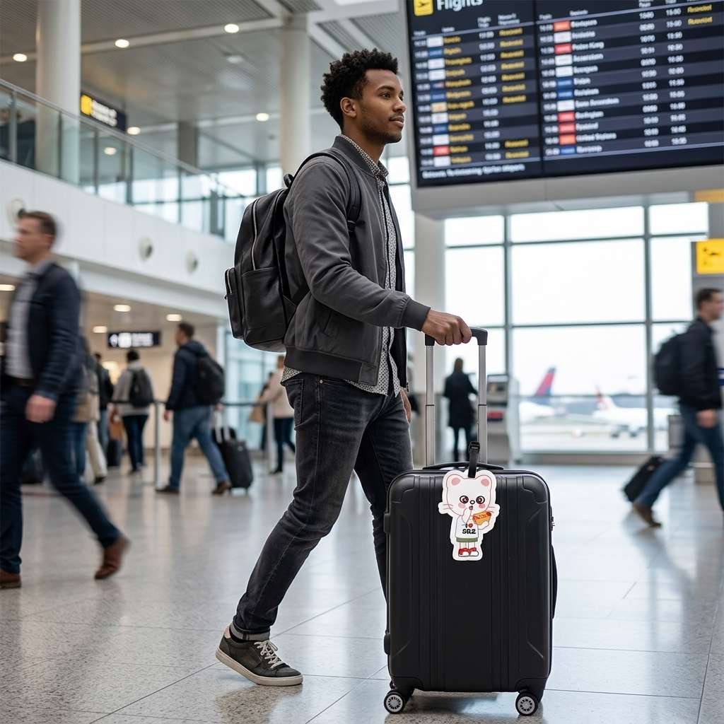 Male traveler in airport with SKZOO Jiniret luggage tag