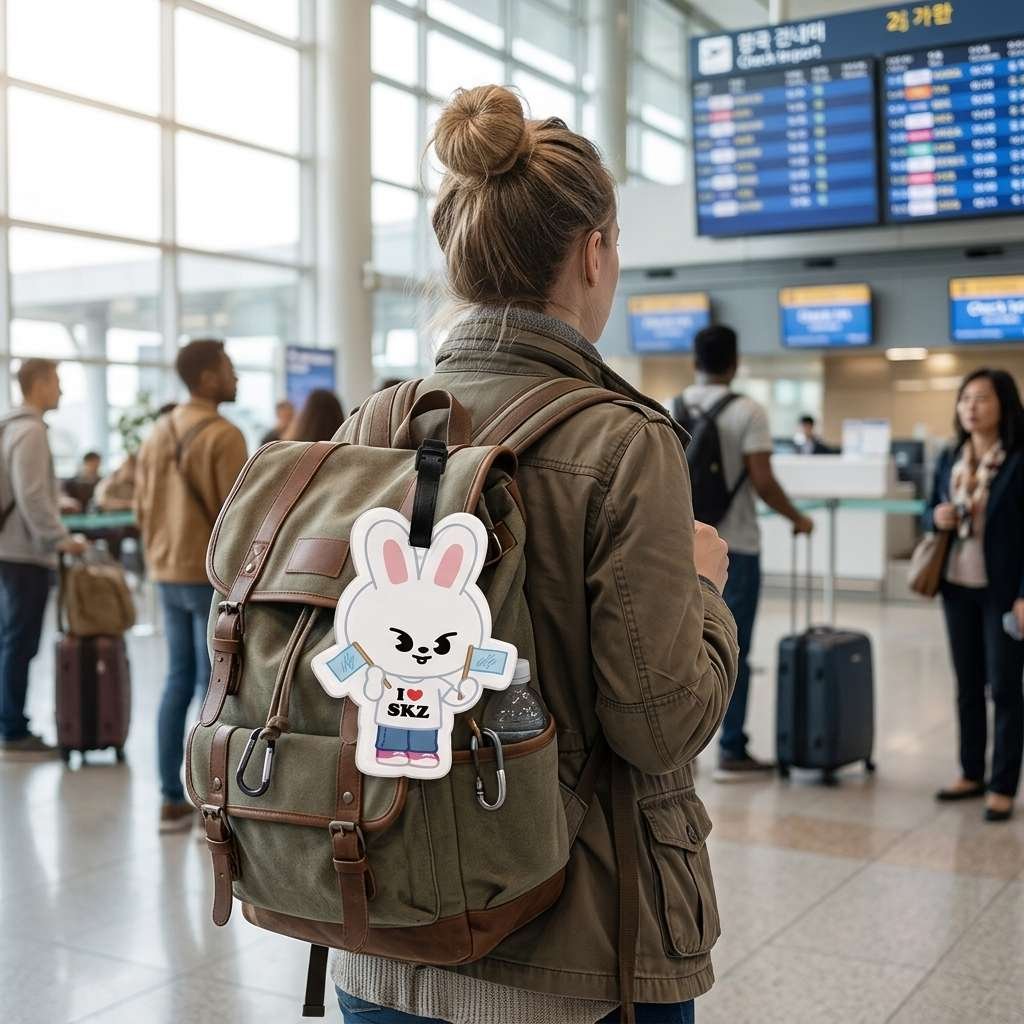 Female traveler in train station with SKZOO Leebit luggage tag