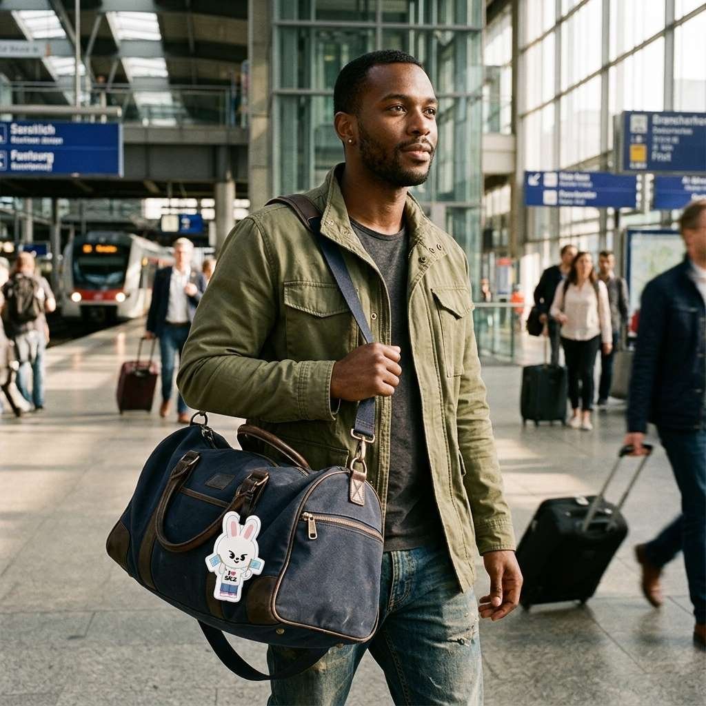 Male traveler with SKZOO Leebit luggage tag