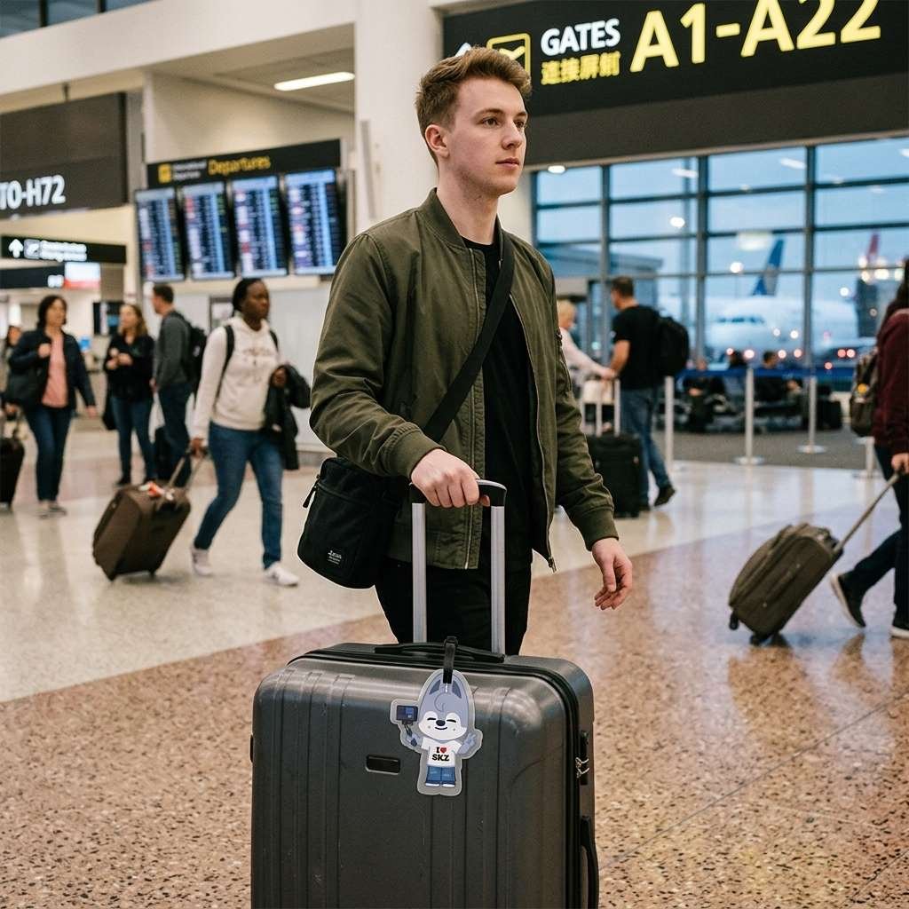 Male traveler in airport with SKZOO Wolf Chan luggage tag