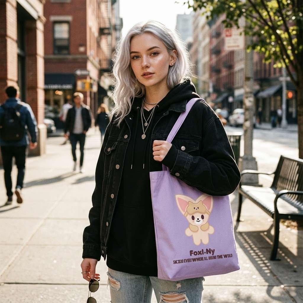 Female model carrying SKZOO Tote Bag FoxI.Ny