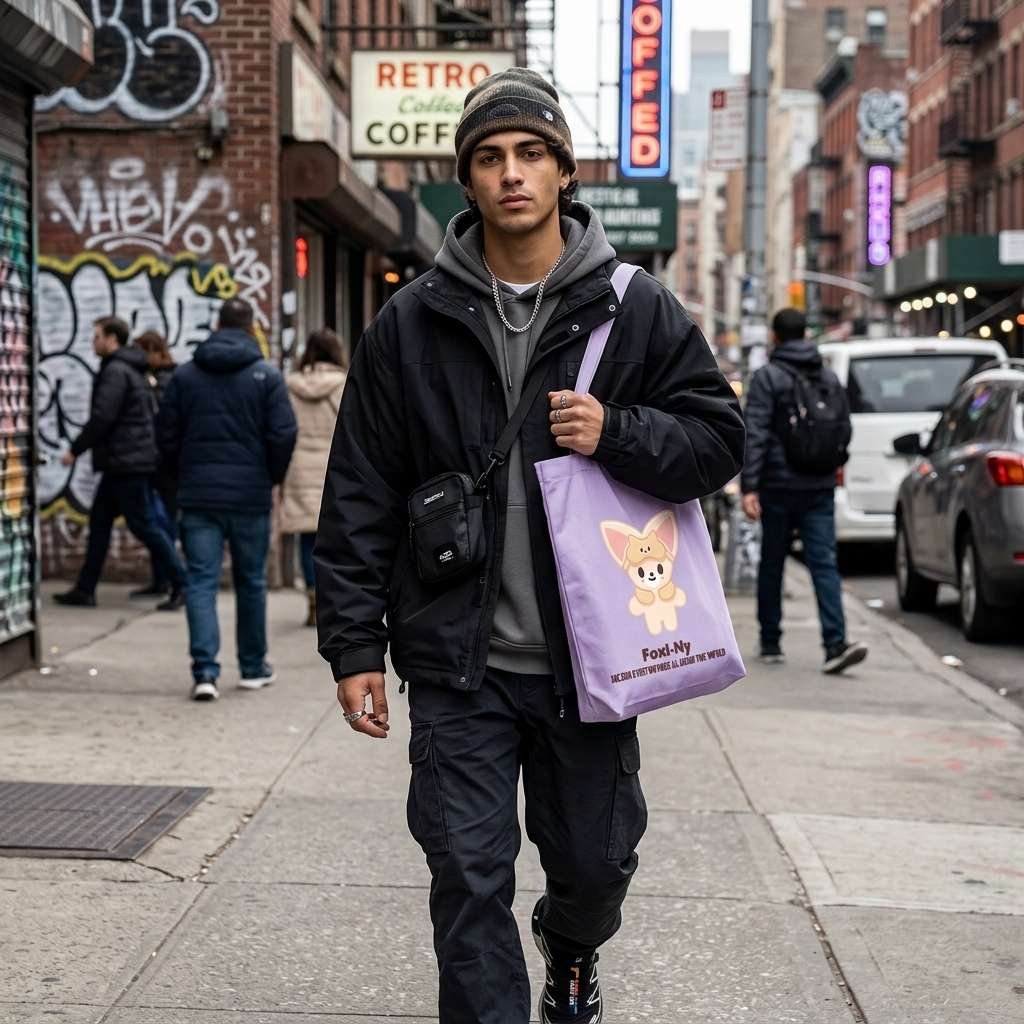 Male model carrying SKZOO Tote Bag FoxI.Ny